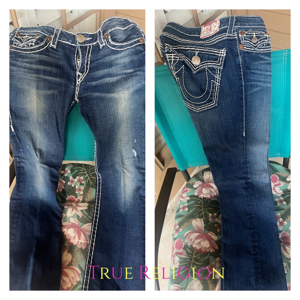 True Religion Blue and White Boot Cut Jeans with Contrast Stitching